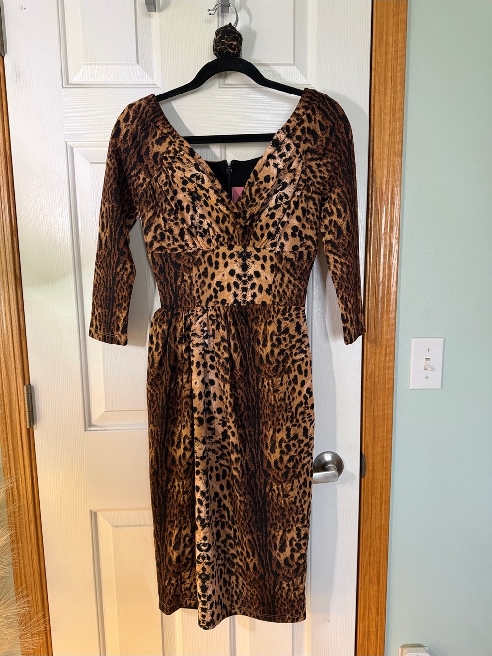 Vixen by Micheline Pitt Leopard Print V-Neck Midi Dress in Brown and Black